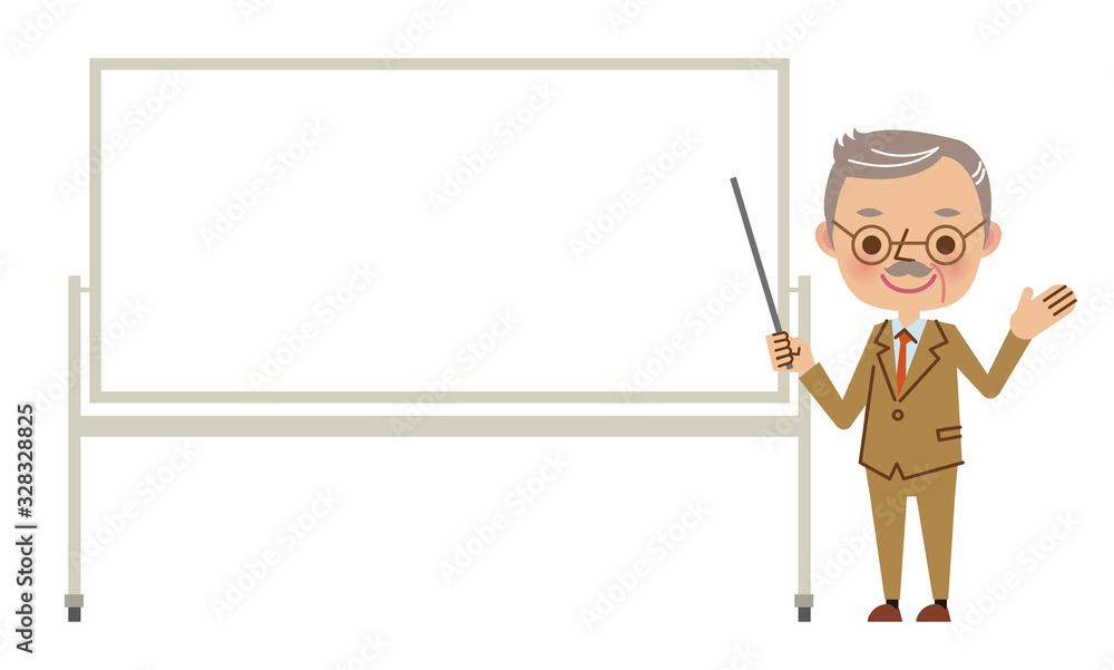 ホワイトボードを使ってプレゼンするビジネスマン（シニア男性）