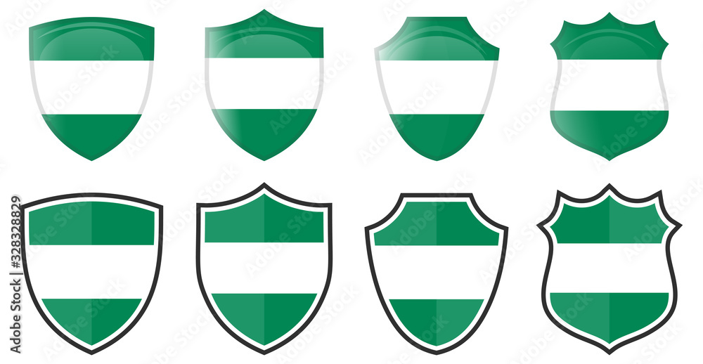 Vertical Nigeria flag in shield shape, four 3d and simple versions. Nigerian icon / sign Vertical Nigeria flag in shield shape, four 3d and simple versions. Nigerian icon / sign
