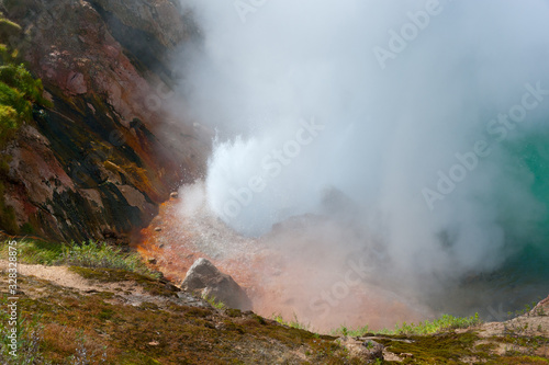 Geyser eruption in the "Valley of geysers", Kamchatka.