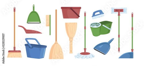 Cartoon brooms scoops, bucket and dust pans set vector graphic illustration. Collection of different colored equipment for indoors cleaning, household tools isolated on white background