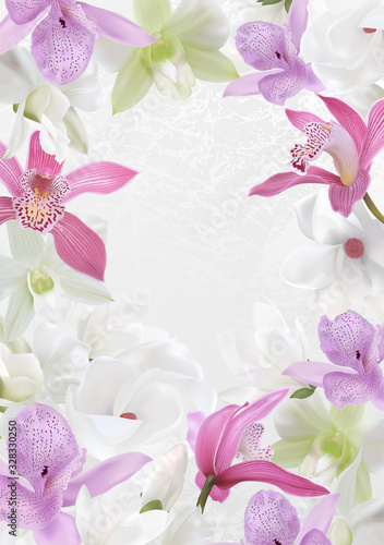 Exotic flower flame design template. White background with tropical orchid, magnolia bouquet. Floral card for 8 March greeting card, wedding invitation, elegant invite, sale banner
