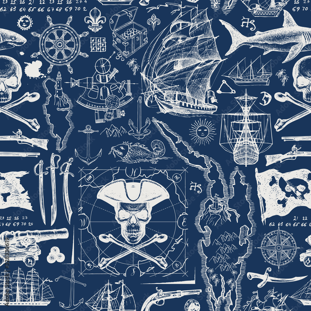 Vector abstract seamless pattern with skulls, crossbones, pirate flag,  swords, guns, sailboats, old map and other nautical symbols. Vintage  background on the pirate theme with hand-drawn sketches Stock Vector