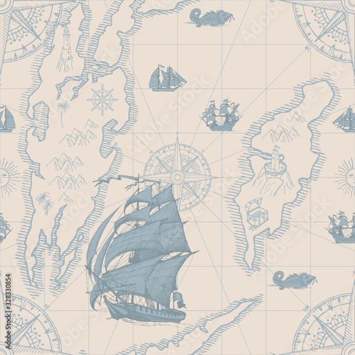 Vector abstract seamless pattern on the theme of travel, adventure, discovery. Old map background in retro style with islands, pirate caravels, frigates, vintage sailing yachts and wind roses