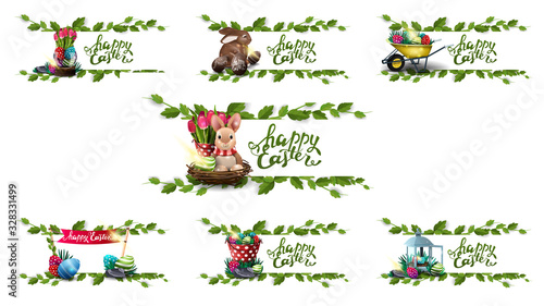 Happy Easter, collection postcards with Easter icons and frame of liana isolated on white background for your arts