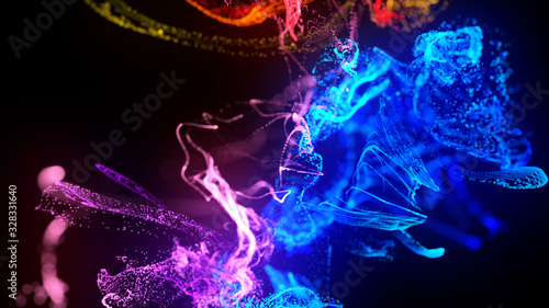 injection of fluorescent ink in water isolated on black background. 3d render of glow particles or sparks like shiny magic spell. Fantastic background for festive event. Blue red purple mix 9