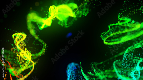 injection of fluorescent ink in water isolated on black background. 3d render of glow particles or sparks like shiny magic spell. Fantastic background for festive event. Green yellow blue red mix 25