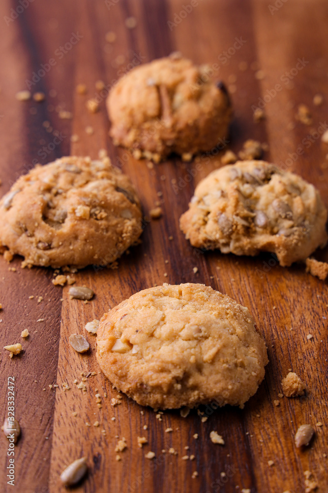 Cookies is on wooden plate. Close up Cookies is on wooden plate. Close up