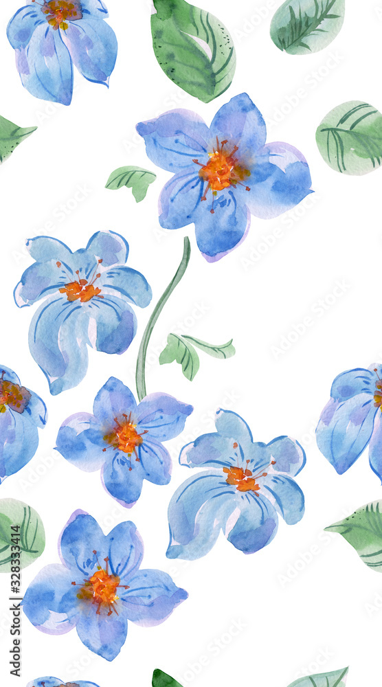 Obraz premium vertical seamless texture with cute blue flowers and leaves. watercolor painting