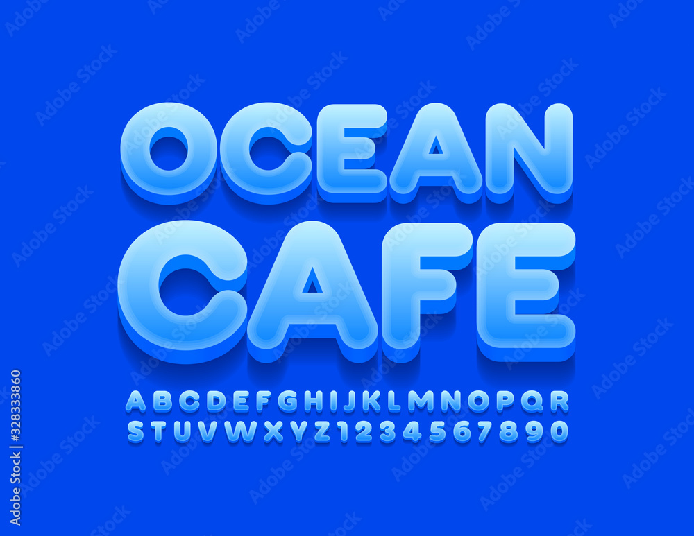 Vector blue emblem Ocean Cafe with Glossy Font. Modern 3D Alphabet Letters and Numbers Vector blue emblem Ocean Cafe with Glossy Font. Modern 3D Alphabet Letters and Numbers