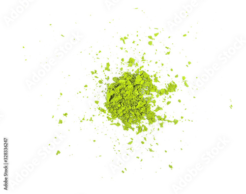green matcha powder isolated on white background top view