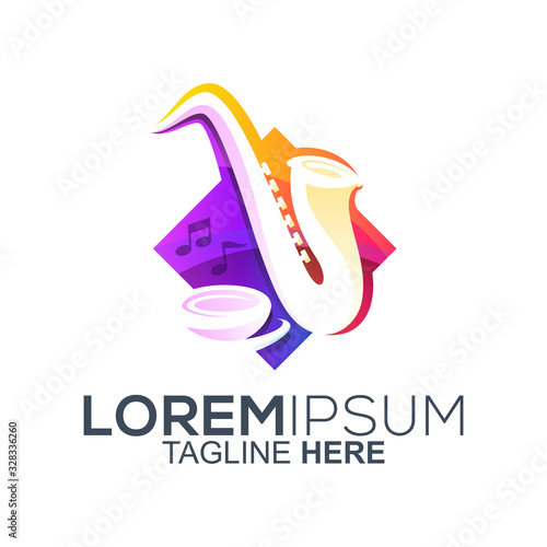 colorful saxophone coffee logo design vector