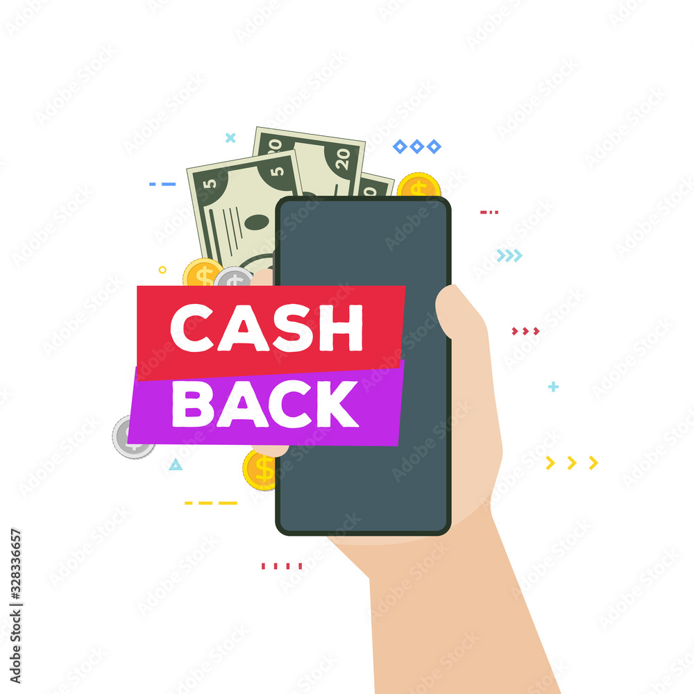 Cash back banner. Hand holding phone with cash back banner, paper dollars, coins and cards. Cashback money concept. Business offer and cash return option. Modern vector banner. Cash back banner. Hand holding phone with cash back banner, paper dollars, coins and cards. Cashback money concept. Business offer and cash return option. Modern vector banner.