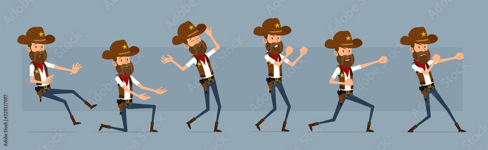 Cartoon cute funny sheriff character in cowboy hat with golden star from wild west. Angry sheriff ready to fight. Ready for animations. Isolated on blue background. Big vector icon set.