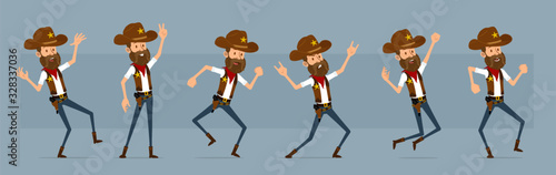 Cartoon cute funny sheriff character in cowboy hat with golden star from wild west. Rock and roll sheriff jumping and dancing. Ready for animations. Isolated on blue background. Big vector icon set.
