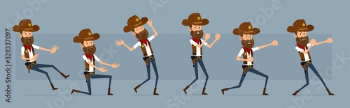 Cartoon cute funny sheriff character in cowboy hat with golden star from wild west. Angry sheriff ready to fight. Ready for animations. Isolated on blue background. Big vector icon set.