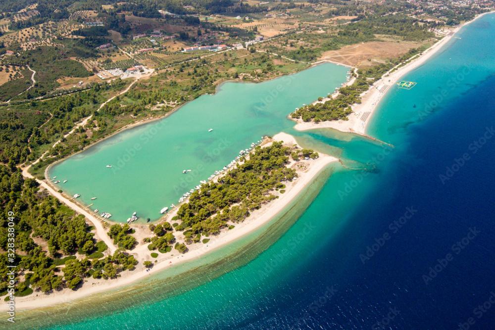 Aerial view of Glarokavos beach at Kassandra peninsula of Halkidiki Greece