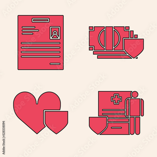 Set Medical clipboard with clinical record, Personal document, Money with shield and Heart with shield icon. Vector