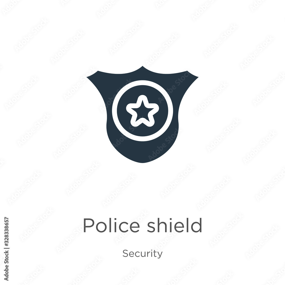 Police shield icon vector. Trendy flat police shield icon from security collection isolated on white background. Vector illustration can be used for web and mobile graphic design, logo, eps10 Police shield icon vector. Trendy flat police shield icon from security collection isolated on white background. Vector illustration can be used for web and mobile graphic design, logo, eps10
