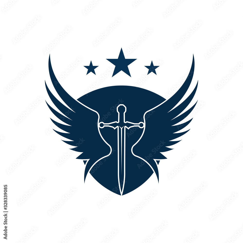 The winged sword with shield vector icon. The winged sword with shield vector icon.