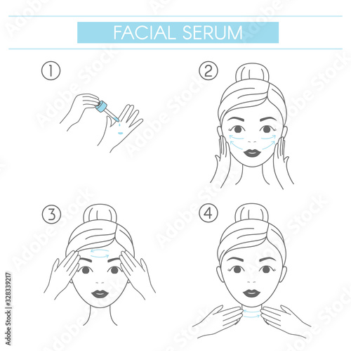 Steps how to apply facial serum. Young woman making facial massage by lines. Line vector elements on a white background.