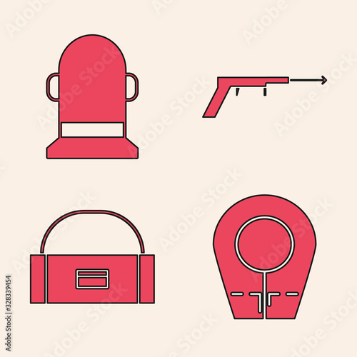 Set Diving hood, Buoy, Fishing harpoon and Case or box container for wobbler icon. Vector