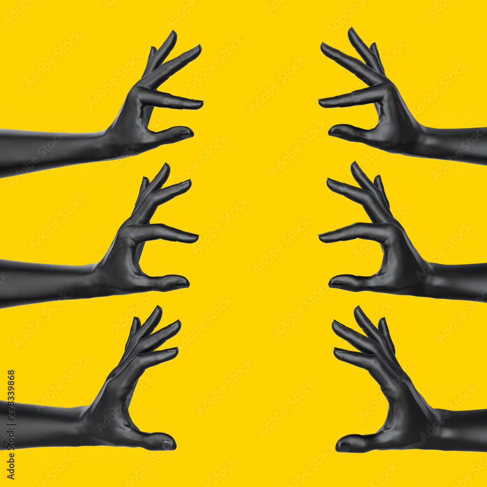 Set of two empty hands holding something big and small, showing minimum and maximum sizes. Isolated on yellow. 3d illustration Set of two empty hands holding something big and small, showing minimum and maximum sizes. Isolated on yellow. 3d illustration