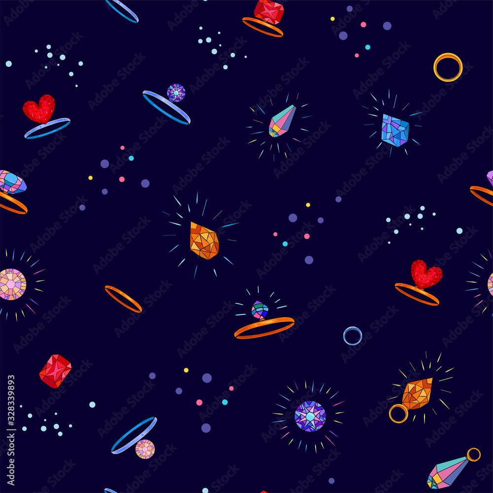 Seamless pattern with jewelry, rings and crystals on blue background. Vector illustration Seamless pattern with jewelry, rings and crystals on blue background. Vector illustration