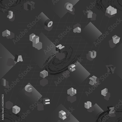 3d seamless pattern without a mask. Randomly located dark letters of the English alphabet