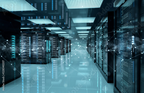 Fotografiet Connection network in servers data center room storage systems 3D rendering