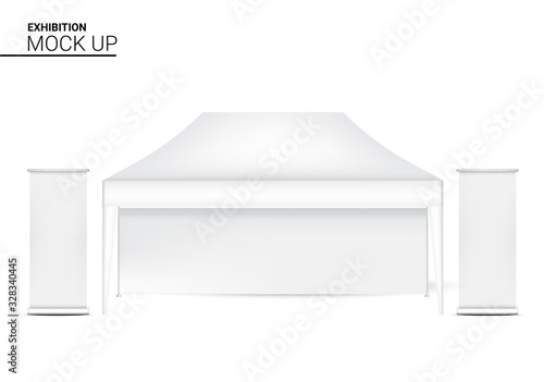 3D Mock up Realistic Tent Kiosk Booth With Banner POP for Sale Marketing Promotion on Background Illustration. Event and Exhibition Concept Design.