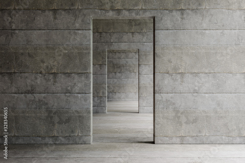 Photographie 3D rendering of a hallway with concrete walls and floor