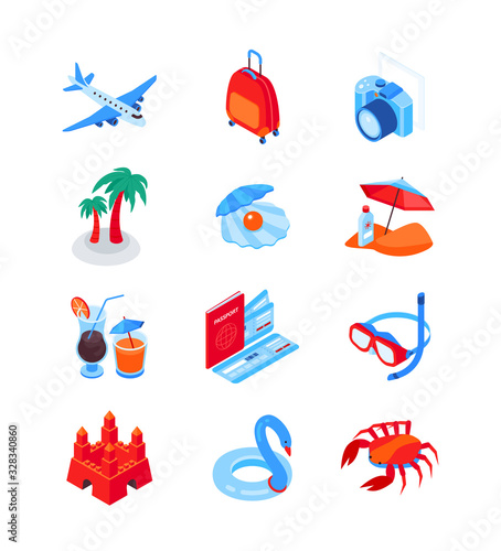 Beach vacation and traveling - modern isometric icons set