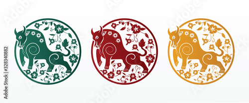 Chinese new year 2021 year of the ox , red and gold paper cut ox character,flower and asian elements with craft style on background. photo
