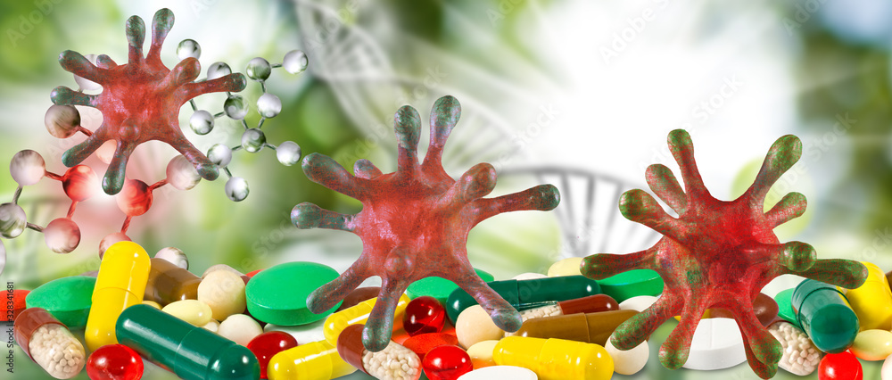 Abstract image of coronaviruses on the background of a stylized image of the DNA chain.