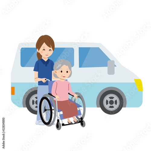 施設　送迎　車椅子　シニア女性　介護士　　イラスト