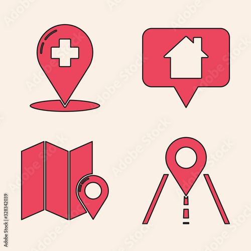 Set Road traffic sign, Medical map pointer with cross hospital, Map pointer with house and Folded map with location marker icon. Vector