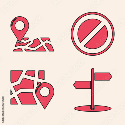 Set Road traffic sign, Folded map with location marker, Stop sign and Folded map with location marker icon. Vector