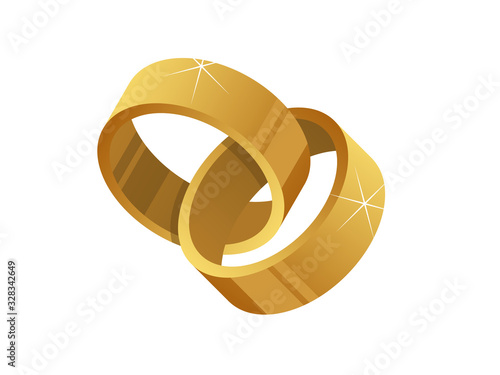 Interlocked golden rings isolated on white background. Two realistic shiny gold rings. Wedding, engagement, faithful, symbol. Pair of intertwined joined marriage rings. Vector illustration, clip art. 