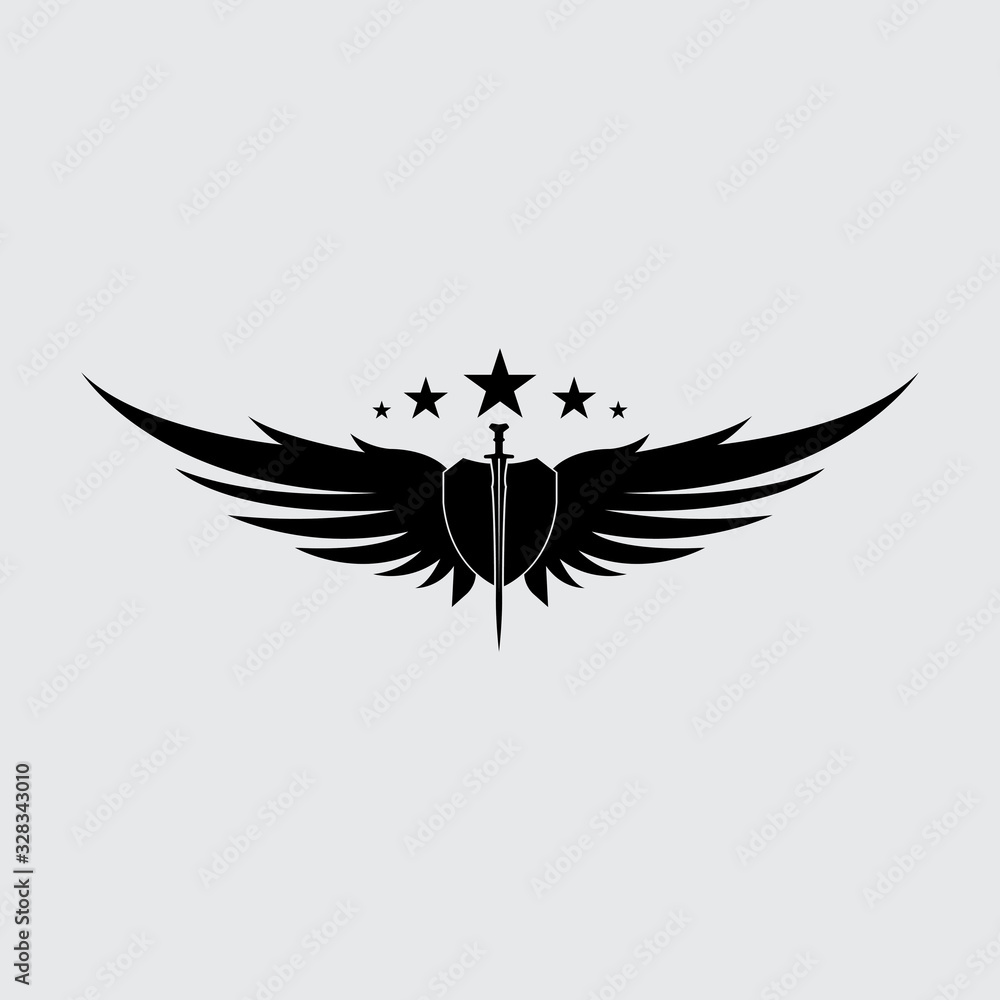 Fototapeta premium The winged sword with shield vector icon.