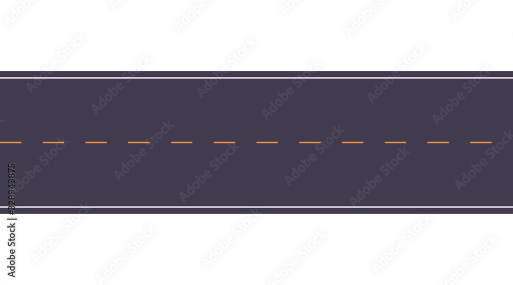 Asphalt road texture with white stripes at the edges and yellow dashed stripe line in the middle. Top view. Seamless pattern vector illustration on a white background. Asphalt road texture with white stripes at the edges and yellow dashed stripe line in the middle. Top view. Seamless pattern vector illustration on a white background.