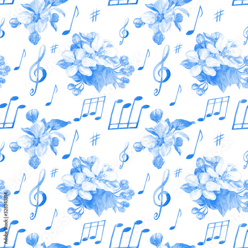 Notes and flowers, watercolor seamless pattern.
