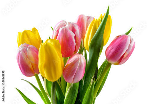 Bouquet of pink and yellow tulip flowers isolated on white