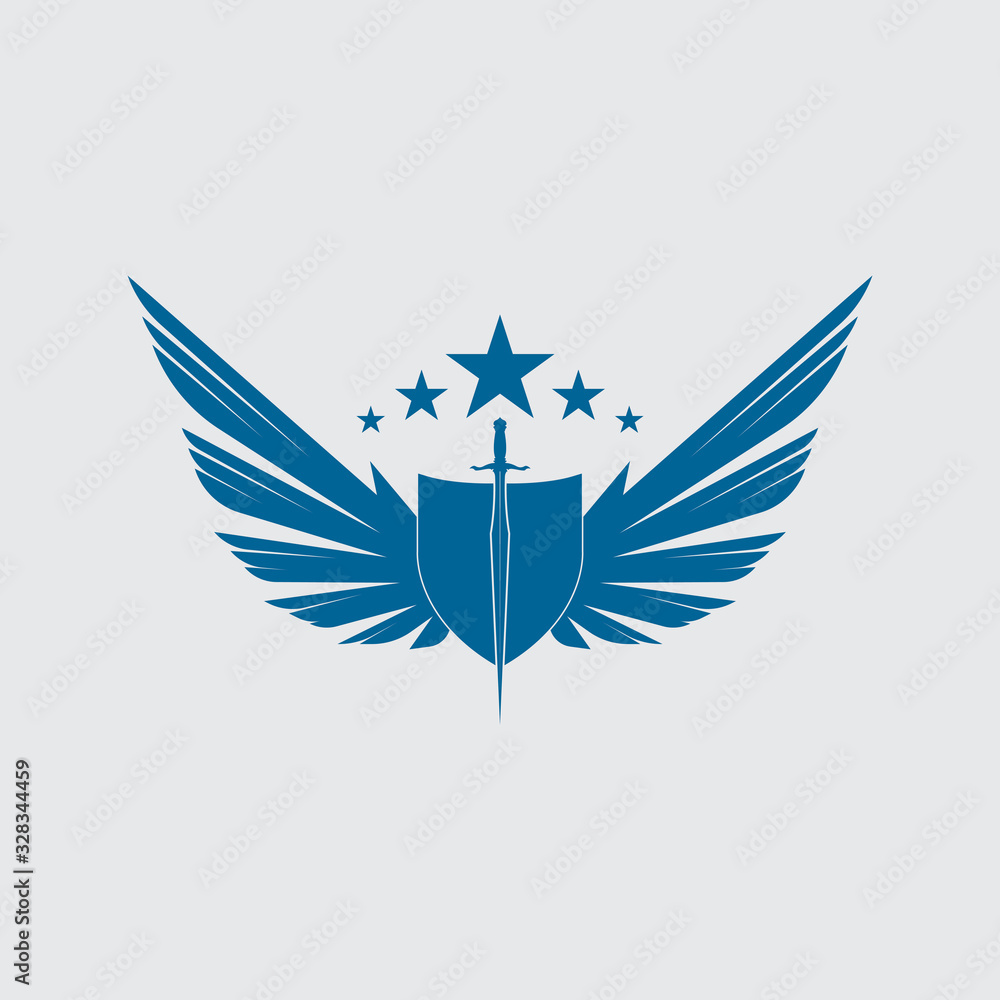 Fototapeta premium The winged sword with shield vector icon.