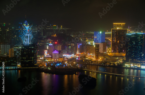 Macau with Cathedral reflected in water in China 