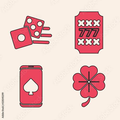 Set Four leaf clover, Game dice, Slot machine with lucky sevens jackpot and Online poker table game icon. Vector