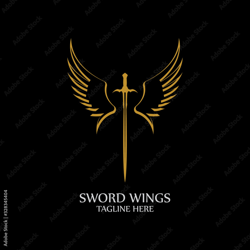 Obraz premium Sword with Wings. Golden Sword Symbol on Black Background.