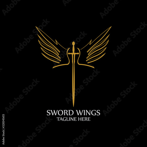 Sword with Wings. Golden Sword Symbol on Black Background.