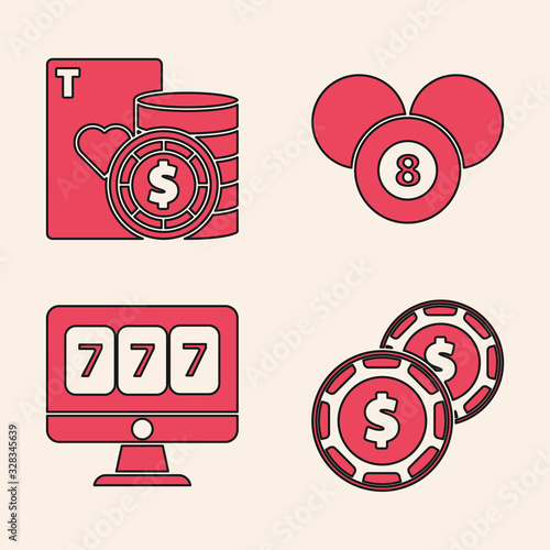 Set Casino chip with dollar, Casino chip and playing cards, Billiard pool snooker 8 ball and Online slot machine with lucky sevens jackpot icon. Vector