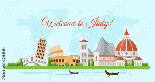 Welcome to Italy flat banner vector template. Famous italian architectural landmarks cartoon illustration with text. Tourist attractions, coliseum, pisa tower