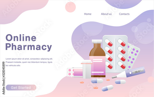 Vector illustration of online pharmacy concept. Medical supplies, bottles liquids, pills with place for text. Drug store web page template, pharmacy purchases.